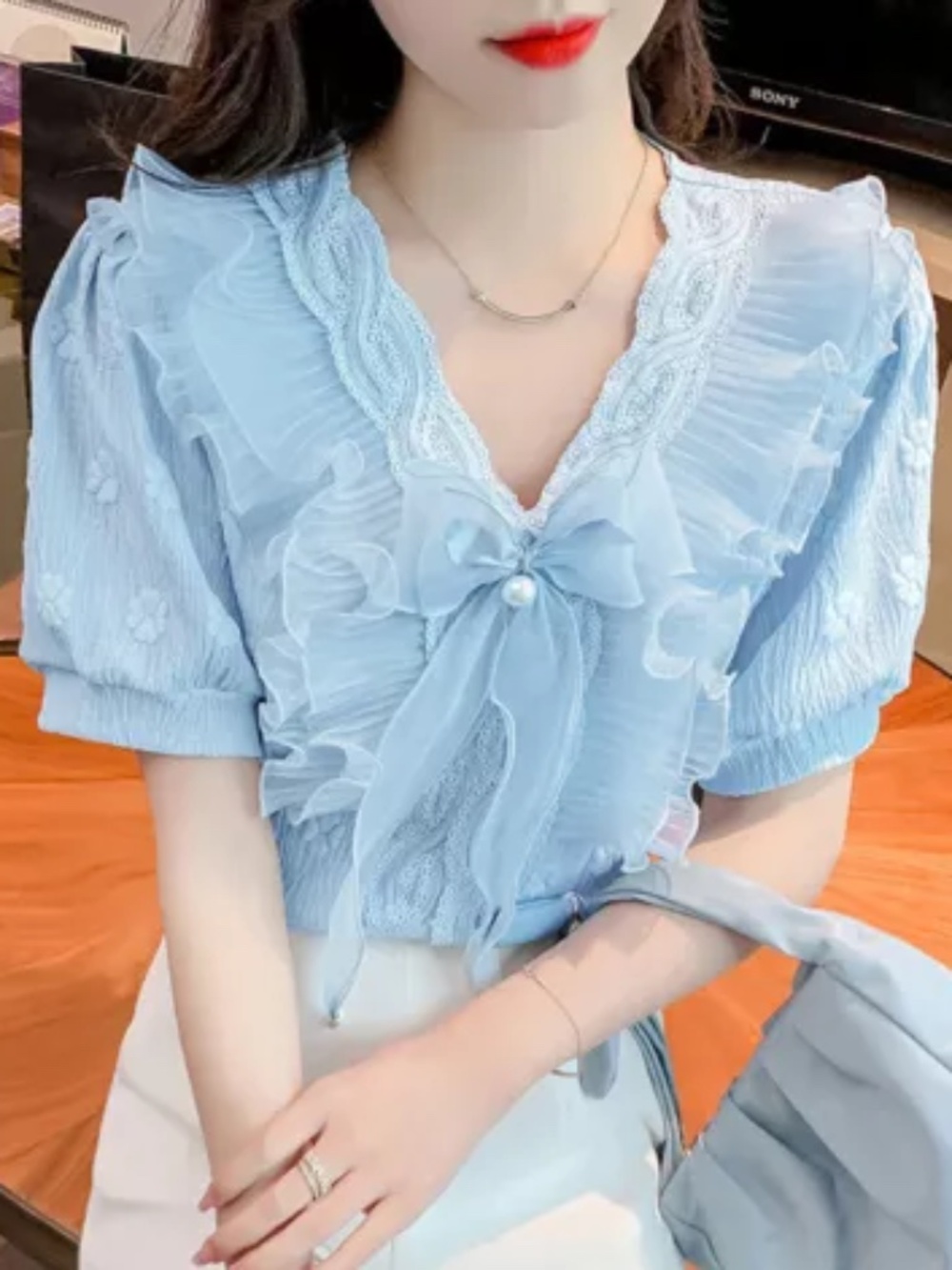 Women Summer Short Sleeve Ruffle Lace Chiffon T Shirt Bows V Neck Elegant Blouse